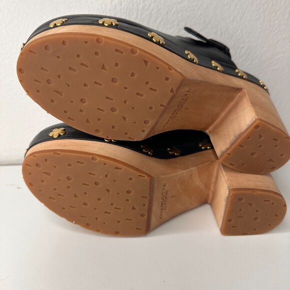 Charlotte Stone Hari Slingback High Heel Clog Size 7 Black Leather Gold Flower - Picture 6 of 10